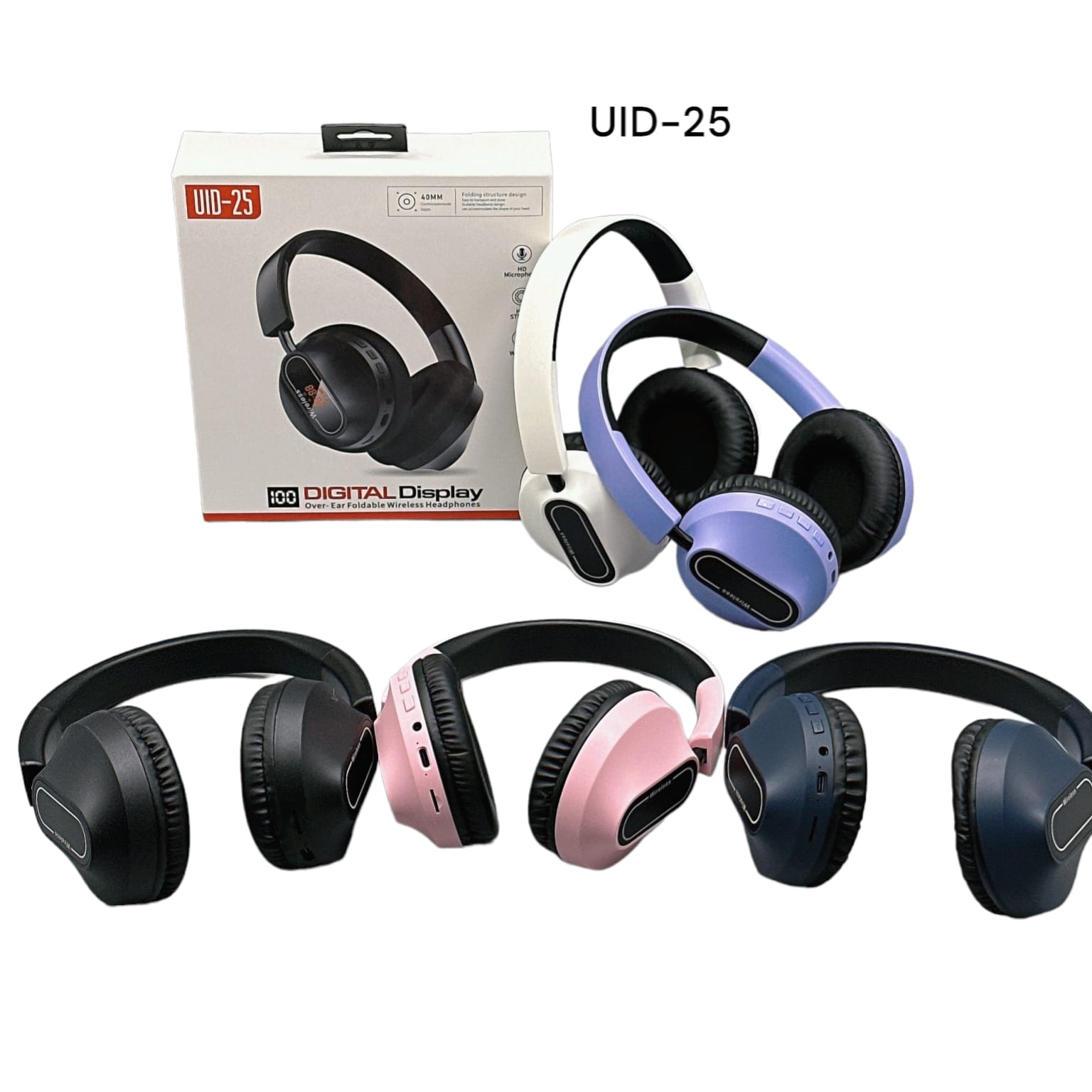 UID-25 Digital Display Over-Ear Foldable Wireless Headphones with HD Mic & Stereo Sound 4 UID25 Wireless Bluetooth Headphones with digital battery display and soft over-ear cushions